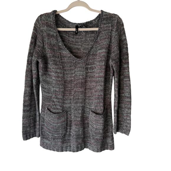 Ultra Flirt Sweater Y2k XL Gray Pink Marled Knit Pullover Pockets Cozy Soft Fall - Picture 1 of 7